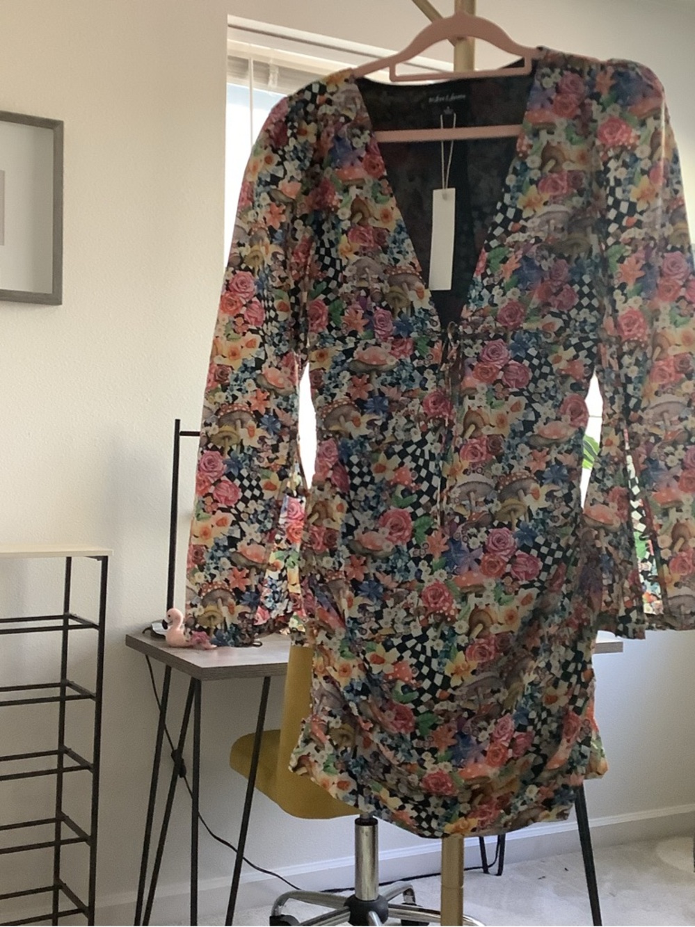 For Love & Lemons Multicolor Floral Checkerboard Mini Dress